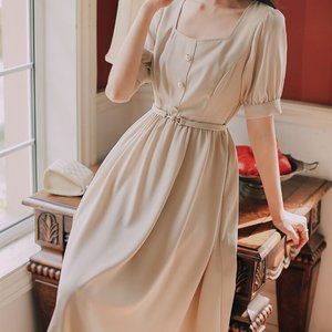 Beige Midi Dress Vintage Square Collar Short Sleeve Belt Detail, Size S [NWOT]